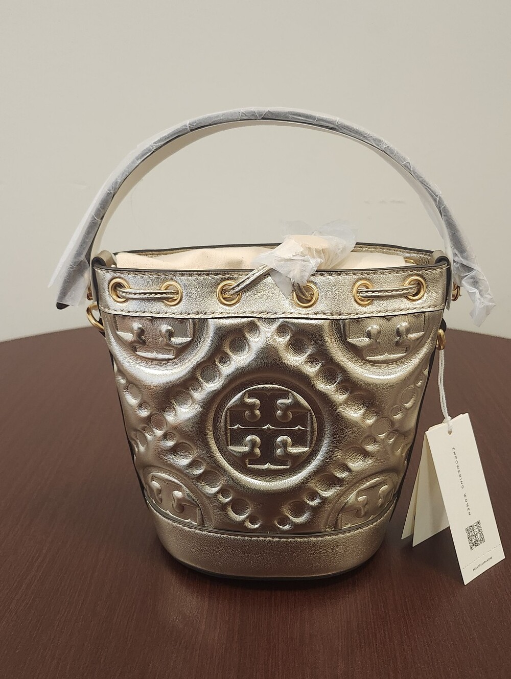 NWT Tory Burch Gold T Monogram Embossed Metallic Mini Bucket Bag